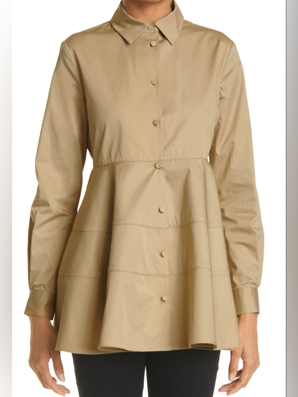 CO essentials Flare Poplin Top Tan Button-Down Peplum Shirt quiet luxury